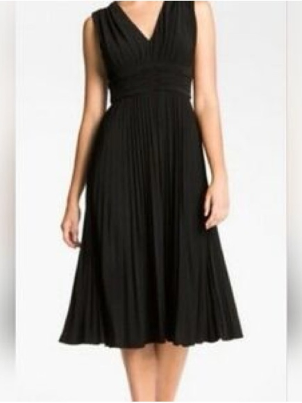 Classic Black V-Neck Pleated Midi Dress | 10
